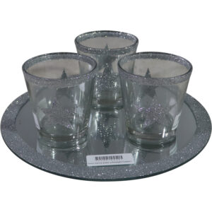 Glass mirror plate w/tealight holders s/4
