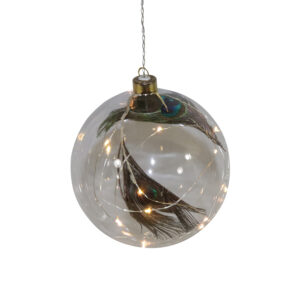 Led glass ball w/feathers dia 15x17.5cm