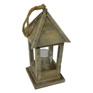 Wooden lantern w/rope hanger M 20.5x20.5x44cm