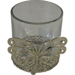 Glass tea light holder in metal stand 8x7.5x9.5cm