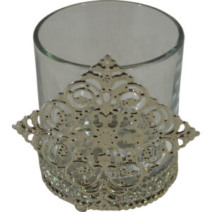 Glass tea light holder in metal stand 9x7.5x10cm