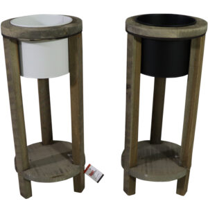 Metal flower pot in wooden stand L dia 20.5x49cm