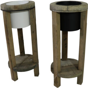 Metal flower pot in wooden stand S dia 16x39cm