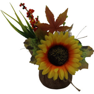 Autumn flowers in burlap wrapped pot 17cmH