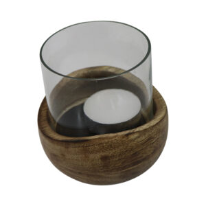 Mango wood tealight holder w/glass d.9x9.5cm