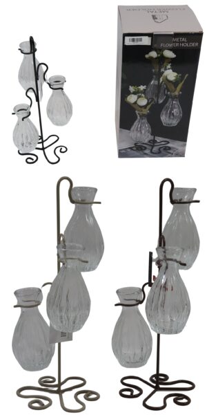 Metal holder w/glass vases 15x15x30.5cm