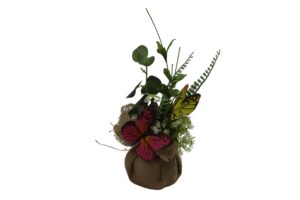 flowers in burlap wrapped pot 27cmH