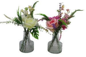 Mixed flowers in glass vase 33cmH