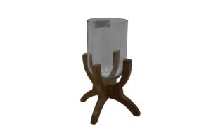Glass hurricane w/mango wood base 16.5x16.5x22cm