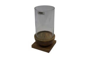 Glass hurricane w/mango wood base 14x14x28.5cm
